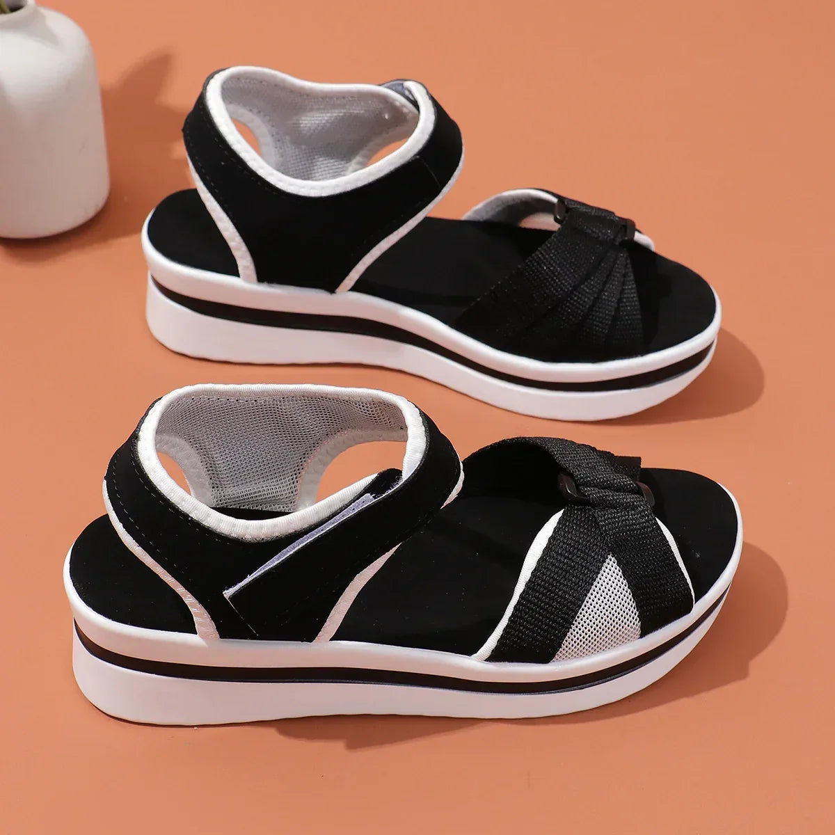 Summer Mesh Cross-strap Sandals With Velcro-design Thick Sole Flats Beach Shoes Women - DanaFashionstore