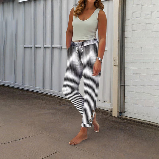Women's Striped Elastic Waist Pants - Button Accent With Pockets, Casual Comfort Trousers For Spring&Fall - Dana Fashion