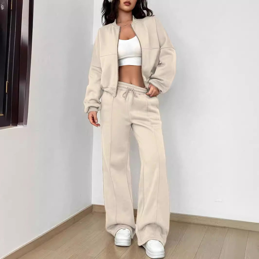 Fashion Casual Solid Color Long-sleeved Sweater Zipper Trousers Two-piece Set