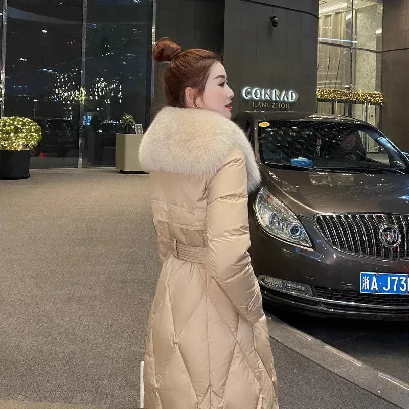 White Duck Slim Fit Down Jacket 2026 - Overknee Mid-Length Big Fur Collar Coat - DanaFashionstore