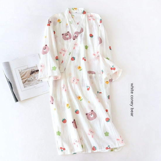 Women Bathrobe Nightdress Long Sleeve Nightgown Cotton Gauze - Dana Fashion