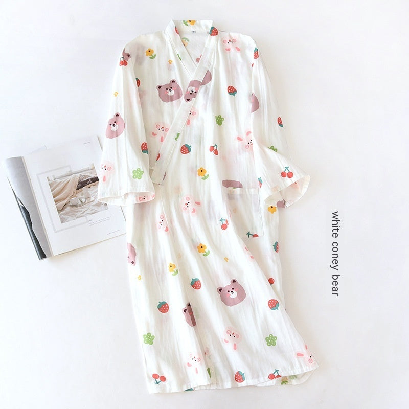 Women Bathrobe Nightdress Long Sleeve Nightgown Cotton Gauze - Dana Fashion