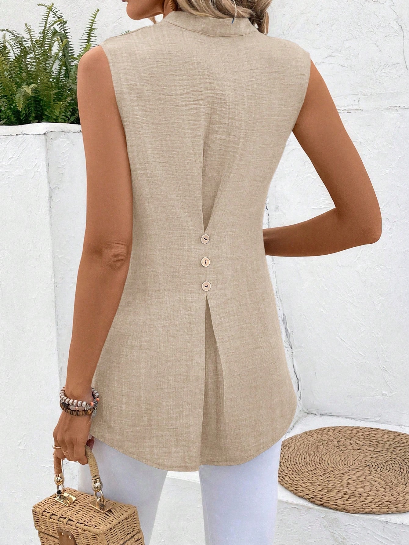 Solid Notched V-Neck Sleeveless Button Back Shirt