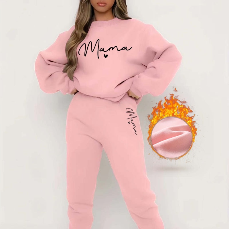 Casual Long Sleeve Printed Fleece Two-piece Set
