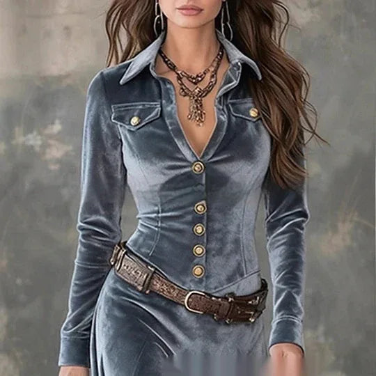 Women's Retro Elegant Long-Sleeve Dress With Metal Buttons - DanaFashionstore
