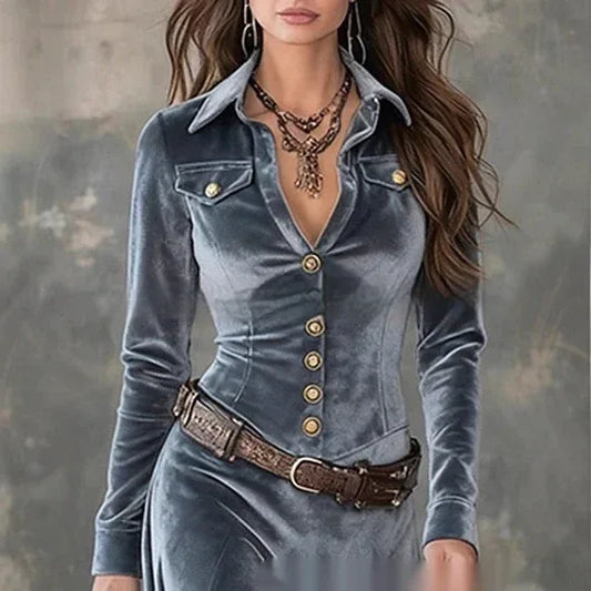 Women's Retro Elegant Long-Sleeve Dress With Metal Buttons - DanaFashionstore