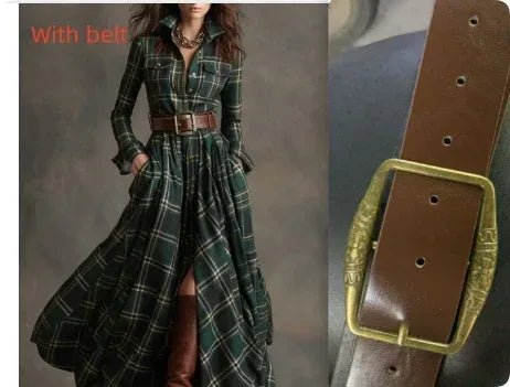 Ins Plaid Print Long-Sleeved Dress Fashion Pockets Collared Buttons Shirt Long Dresses Retro Women's Clothing - DanaFashionstore