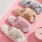 Cross-strap Furry Slippers Warm House Shoes For Women Winter Casual Flip Flops Fluffy Shoes Slides Soft Plush Home Indoor Slippers - DanaFashionstore