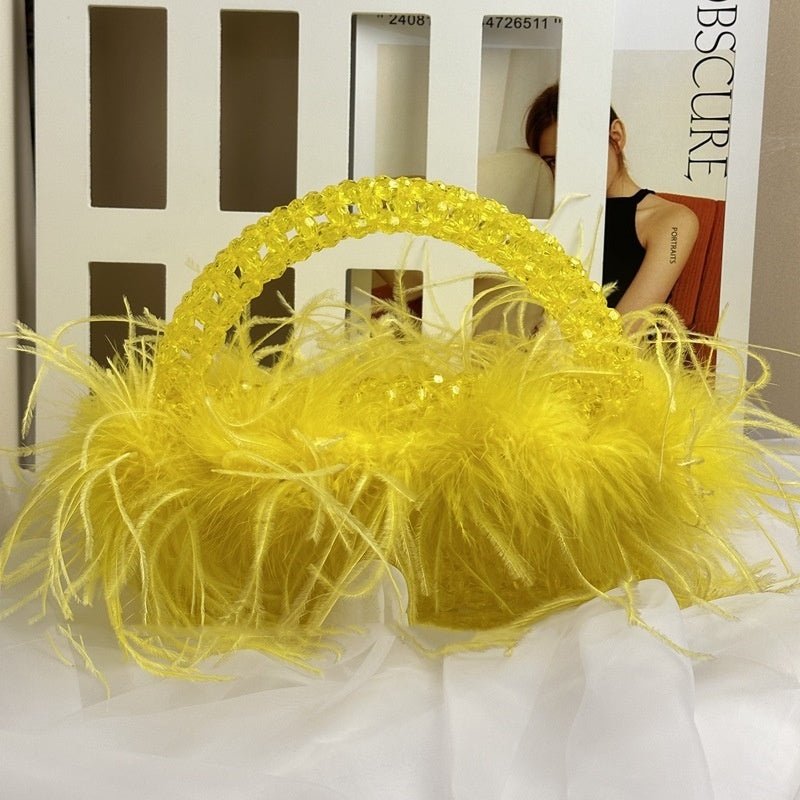 Acrylic Colored Ostrich Wool Beaded Handbag $140.90 Dana Fashion Color: Lemon Yellow Size: 19X11X8CM Women's Bags Product information: Applicable scenarios: Daily matching Color: Royal Blue, new Rose Red, Lake blue, red, orange, mint green, sauce purple,