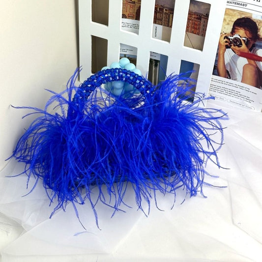 Acrylic Colored Ostrich Wool Beaded Handbag $140.90 Dana Fashion Color: Lake Blue Size: 19X11X8CM Women's Bags Product information: Applicable scenarios: Daily matching Color: Royal Blue, new Rose Red, Lake blue, red, orange, mint green, sauce purple, lem