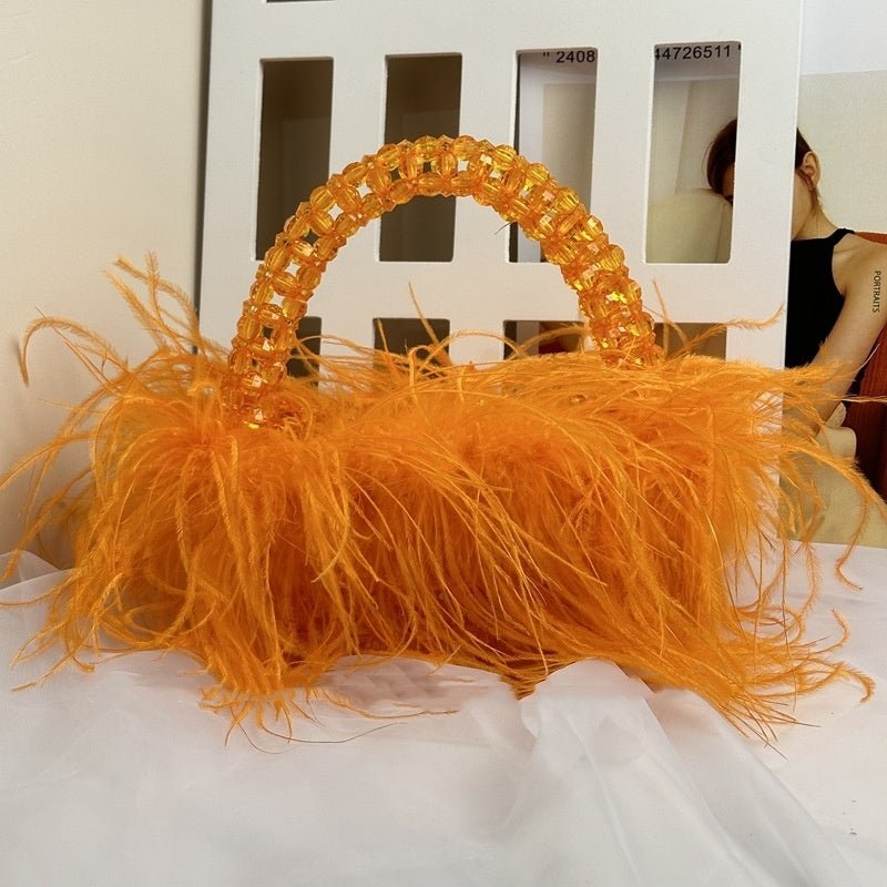Acrylic Colored Ostrich Wool Beaded Handbag $140.90 Dana Fashion Color: Orange Size: 19X11X8CM Women's Bags Product information: Applicable scenarios: Daily matching Color: Royal Blue, new Rose Red, Lake blue, red, orange, mint green, sauce purple, lemon