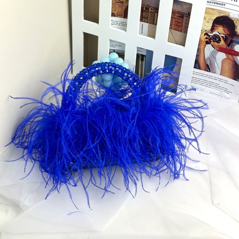 Acrylic Colored Ostrich Wool Beaded Handbag $140.90 Dana Fashion Color: Sapphire Blue Size: 19X11X8CM Women's Bags Product information: Applicable scenarios: Daily matching Color: Royal Blue, new Rose Red, Lake blue, red, orange, mint green, sauce purple,