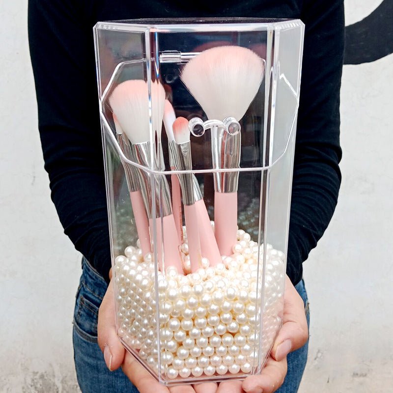 Acrylic makeup brush holder $40.69 Dana Fashion style: Tube Beige pearl makeup Product Description: > Material: PLASTIC > Size: 12.3 * 10.6 * 21.5 CM > Feature: storage, decoration > Package: 1 box Notice: The measurement may present inaccurate errors of