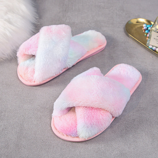 Fashion Cross Plush Casual Rainbow Slippers