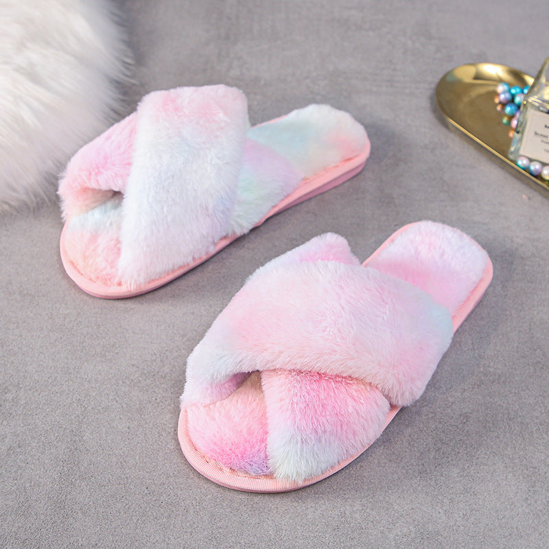 Fashion Cross Plush Casual Rainbow Slippers