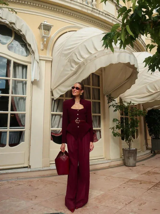 Burgundy Stand Collar Long Sleeve Top - DanaFashionstore