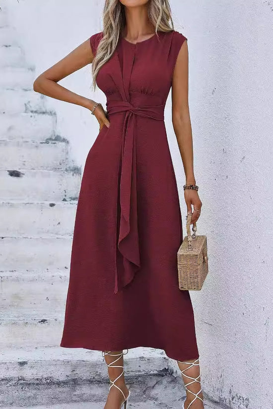 Solid Color Waist Tight Tied Dress Women