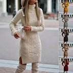 Fashion Turtleneck Knitted Dress With Slit Design Winter Warm Solid Color Pullover Long Sweater Women's Clothing - DanaFashionstore
