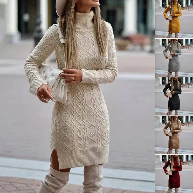 Fashion Turtleneck Knitted Dress With Slit Design Winter Warm Solid Color Pullover Long Sweater Women's Clothing - DanaFashionstore