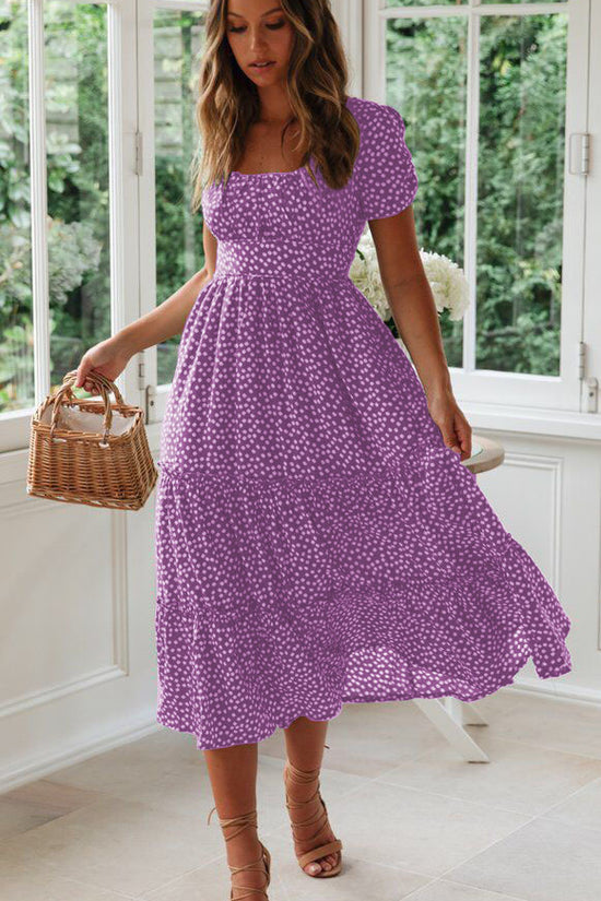 Square Collar Short Sleeve Dress Summer Puff Floral Printed Dress Long Dresses