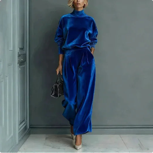 Casual Warm Velour Long-sleeved Solid Color High-neck Zipper Wide-leg Sportswear - DanaFashionstore