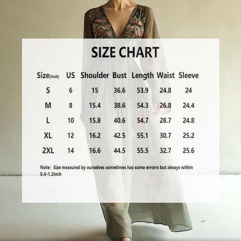 Women's Elegant V-Neck Green Floral Print A-Line Maxi Semi-Sheer Long Sleeve Spring&Summer Dress - Dana Fashion