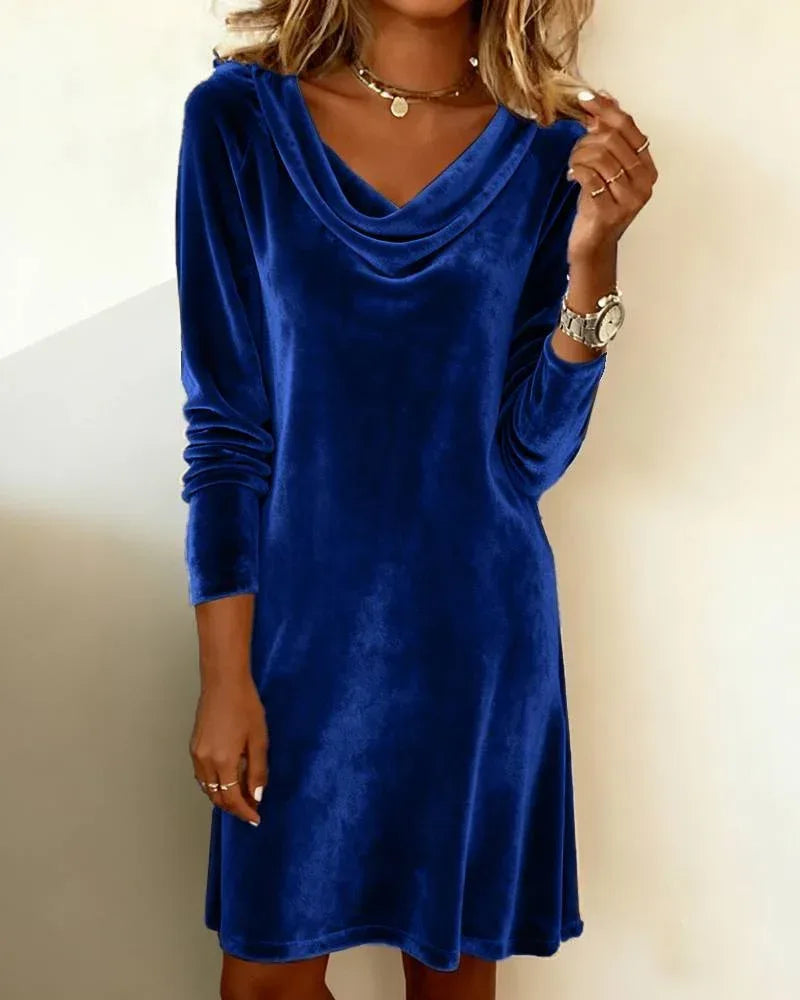 Elegant Solid Color Swing Collar Long Sleeved Velvet Dress Temperament Gentle Skirts For Women Cocktail Party Formal Dresses - DanaFashionstore