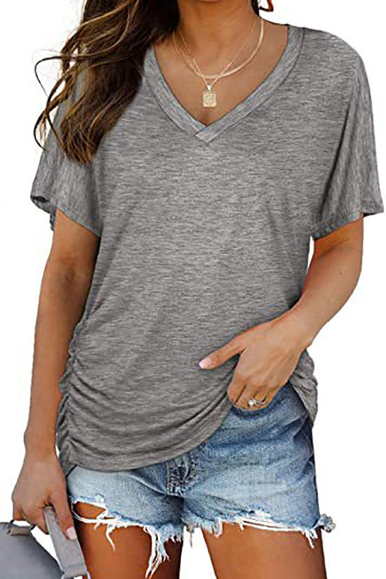 European And American T-shirt Solid Color Casual Loose-fitting V-neck Top