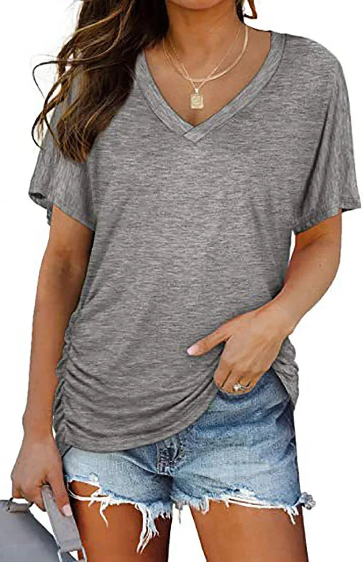 European And American T-shirt Solid Color Casual Loose-fitting V-neck Top - DanaFashionstore