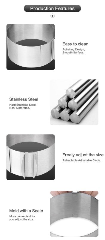 Adjustable stainless steel cake pan $19.62 Dana Fashion Style: Round Dana's Kitchen Adjustable stainless steel cake pan | Fondant Mousse Cookie Baking Tool, Cake Pan, Pastry Accessories, Cake Decorating Tools Round, diameter 16cm - 30cm (6 inch-12 inch ad