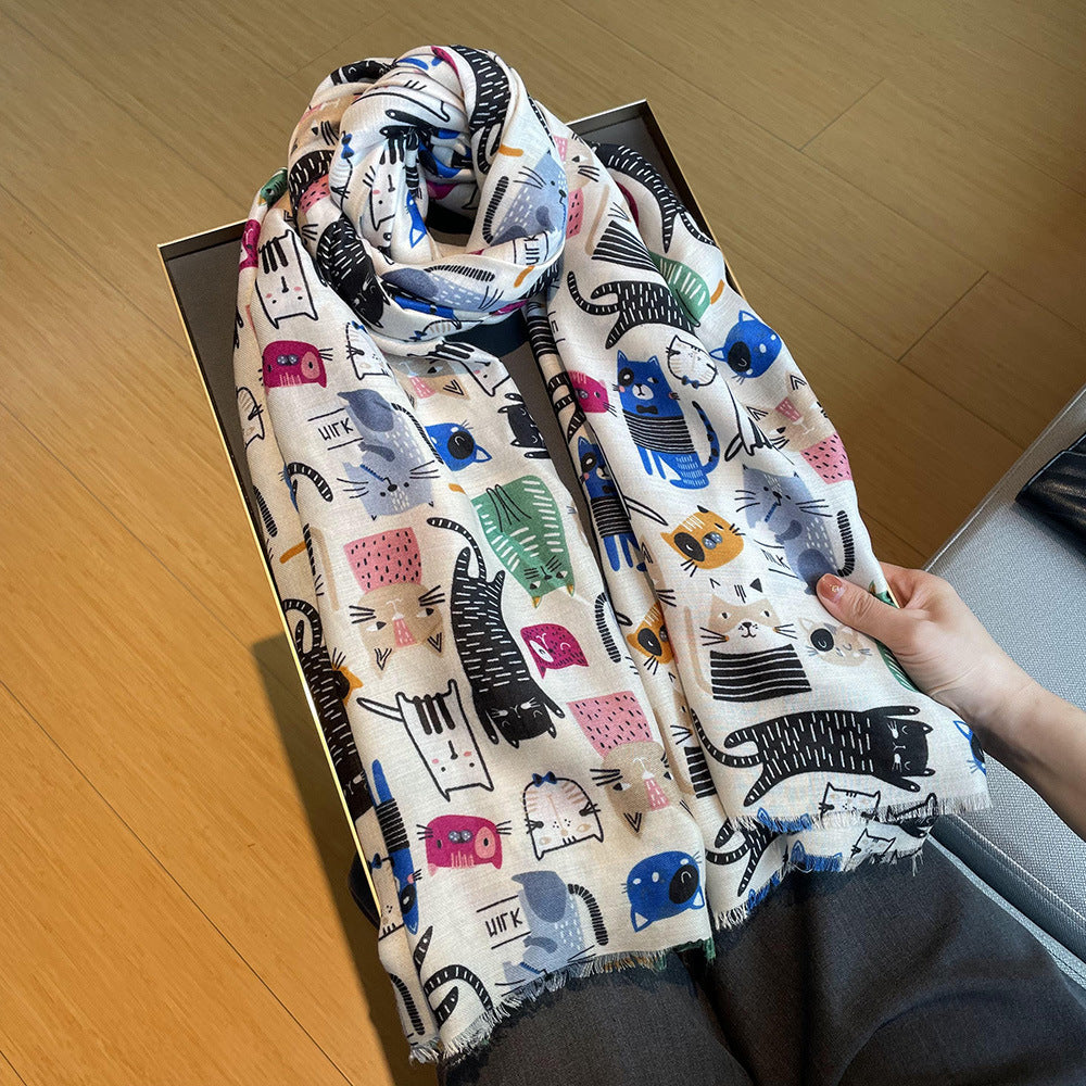 Cute Female Cat Picture Cotton And Linen Scarf