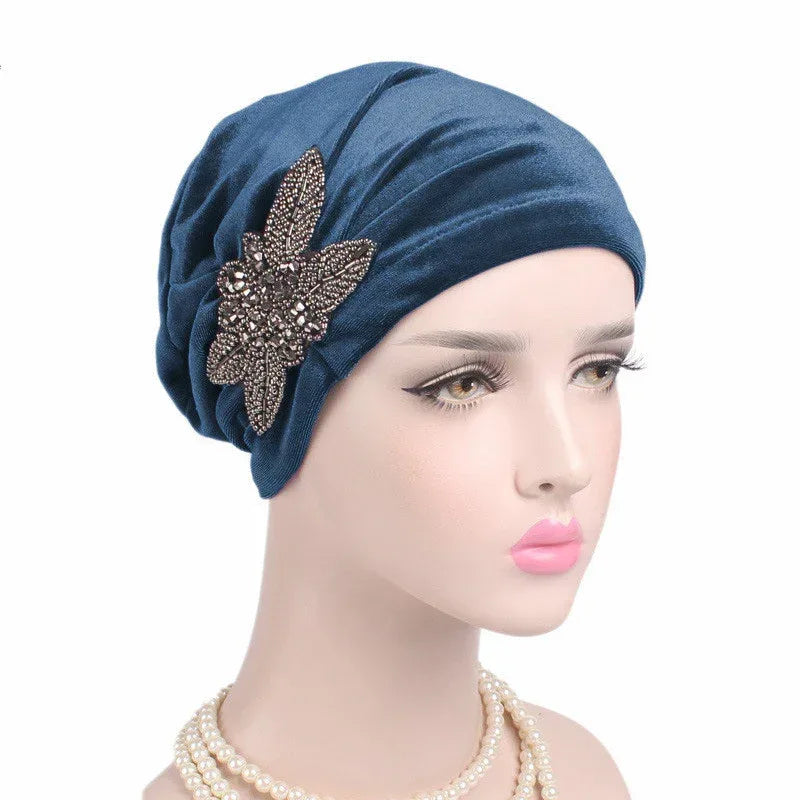 Beaded Flower Accessories Turban Hat Velvet Pleated Hood - DanaFashionstore