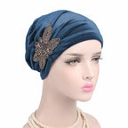 Beaded Flower Accessories Turban Hat Velvet Pleated Hood - DanaFashionstore