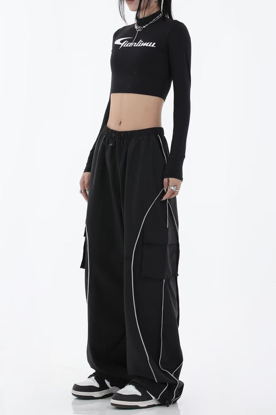 Black Mechanical Style Loose Retro Design Low Waist Casual Pants For Women