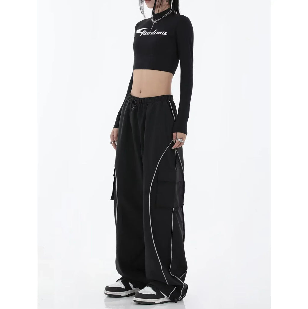Black Mechanical Style Loose Retro Design Low Waist Casual Pants For Women - DanaFashionstore