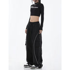 Black Mechanical Style Loose Retro Design Low Waist Casual Pants For Women - DanaFashionstore