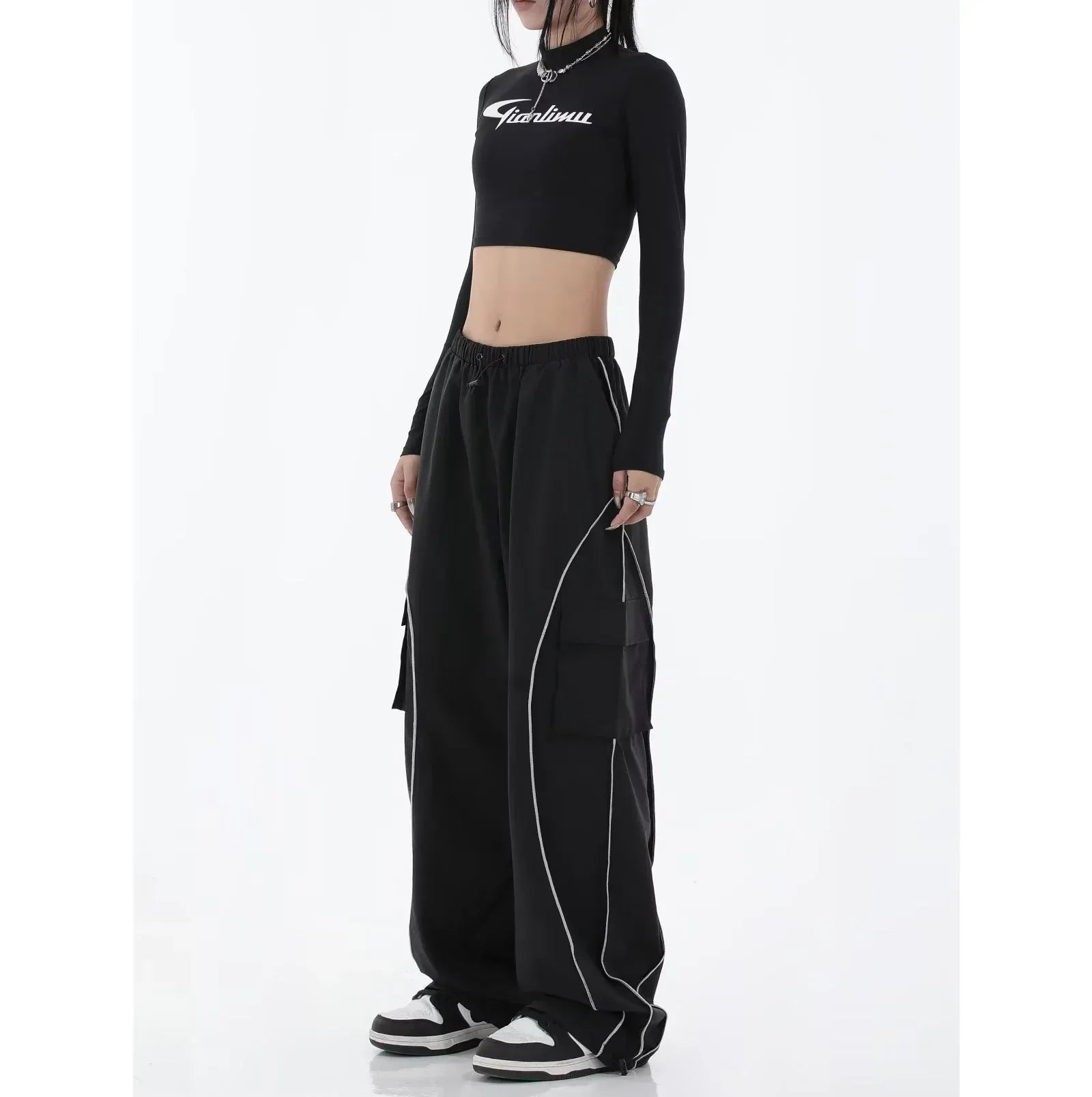Black Mechanical Style Loose Retro Design Low Waist Casual Pants For Women - DanaFashionstore