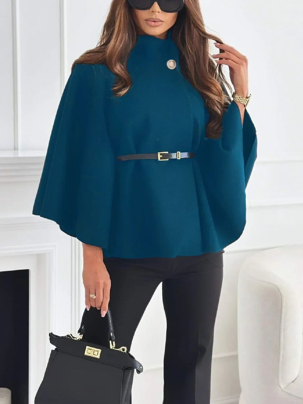 New Stand Collar Batwing Sleeves Cloak Top With Belt Ins Fashion Temperament Jacket Woolen Sweater Outwear For Women Clothing - DanaFashionstore