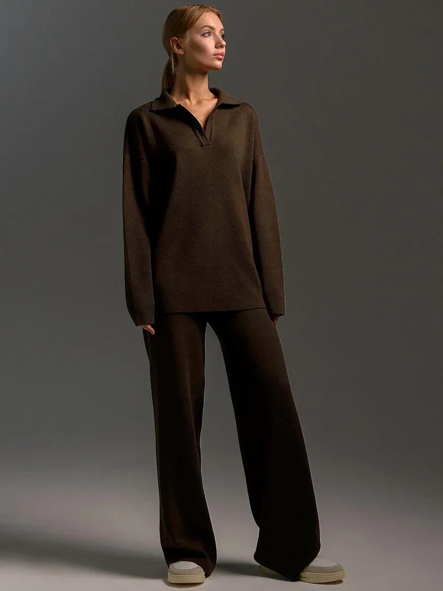 Women's Sweatshirt Suit Casual Collared Long-Sleeved Pullover Top And Loose Straight-Leg Pants Fashion Sport Trousers Set - DanaFashionstore