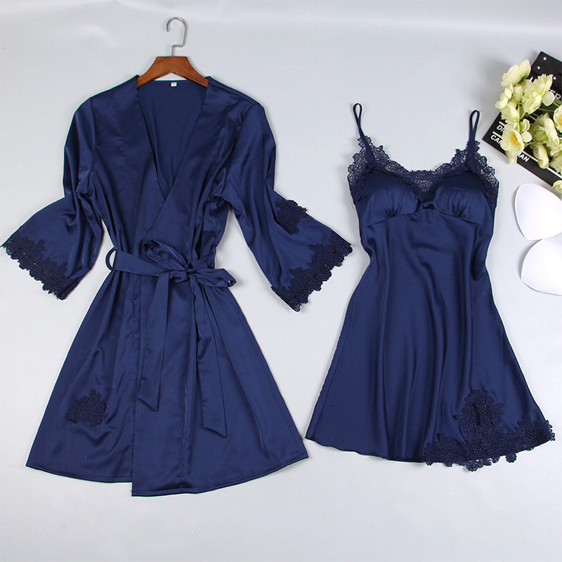 Long Sleeve Ice Silk Sling Nightgown Suit - Dana Fashion
