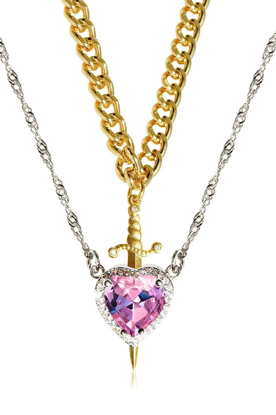 New Heart And Sword Necklace Set Gold Color Stainless Steel Crystal Couple Necklaces For Women Men Boyfriend Girlfriend Gifts