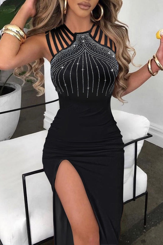 Elegant Rhinestone Split Sheath Dress Nightclub Dinner Dress