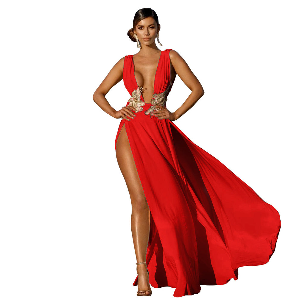 Women's Fashion Deep V High Slit Large Swing Floor Long Dress