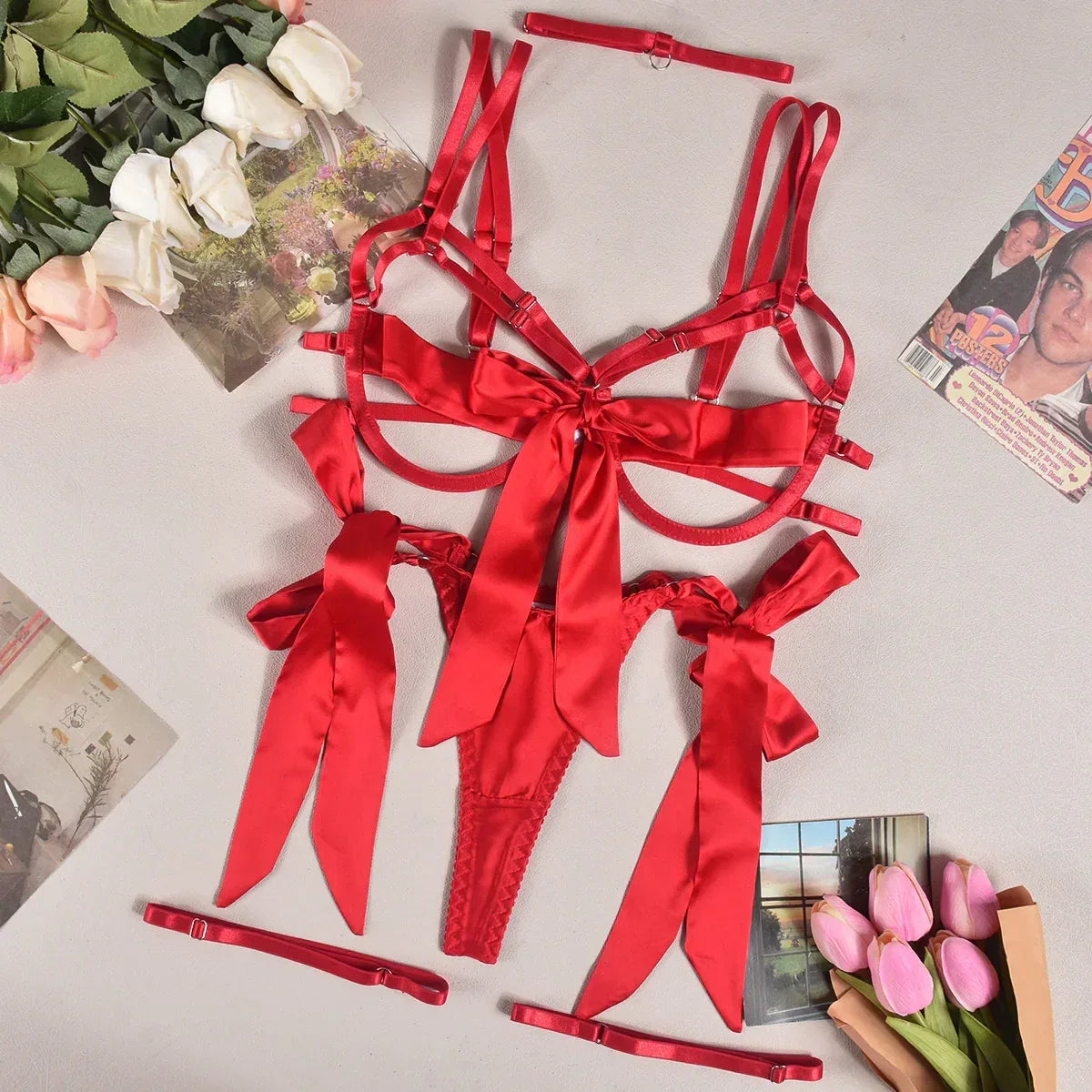 Satin Sexy Leg Ring Strap Lingerie 2026 - 4-Piece Intimate Set - DanaFashionstore