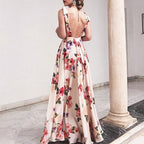 Open Back V-neck Suspender Print Large Hem Dress