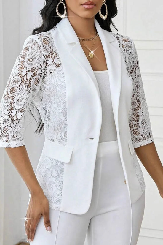 Womens Solid-Color Lace Hollowed-Out Three-Quarter-Sleeve Casual Jacket - DanaFashionstore