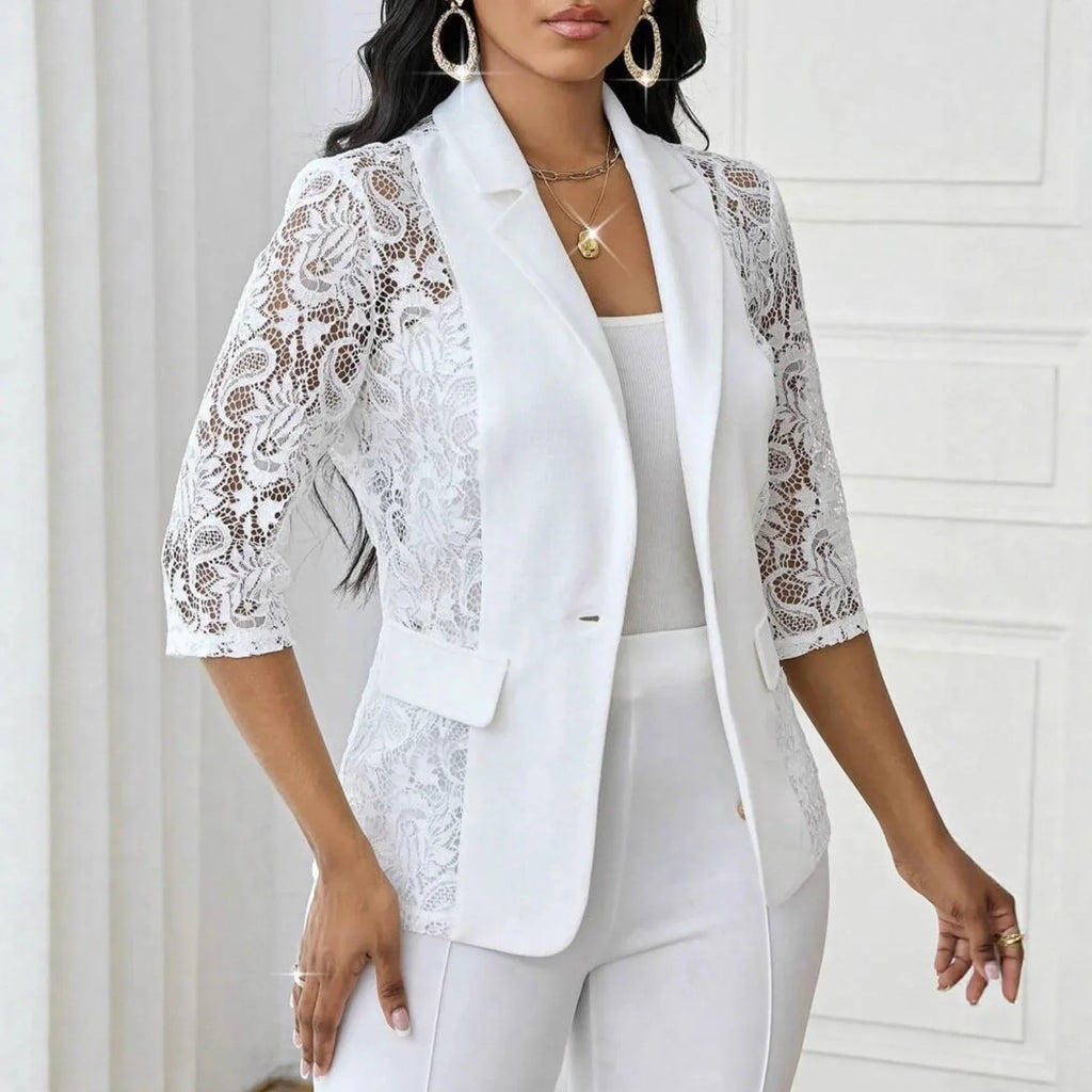 Womens Solid-Color Lace Hollowed-Out Three-Quarter-Sleeve Casual Jacket - DanaFashionstore