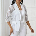 Womens Solid-Color Lace Hollowed-Out Three-Quarter-Sleeve Casual Jacket - DanaFashionstore