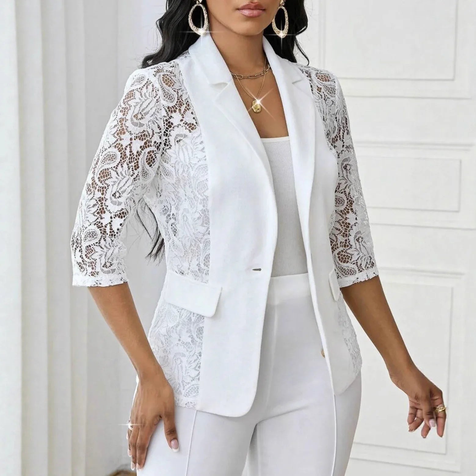 Womens Solid-Color Lace Hollowed-Out Three-Quarter-Sleeve Casual Jacket - DanaFashionstore