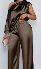 Spot 2026 European And American Cross-border Summer Casual Women's Satin Suit Slanted Collar Short-sleeved Top Trousers Set
